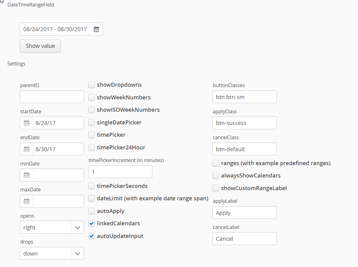 Demo for configuration settings of bootstrap datetimerangepicker add-on.